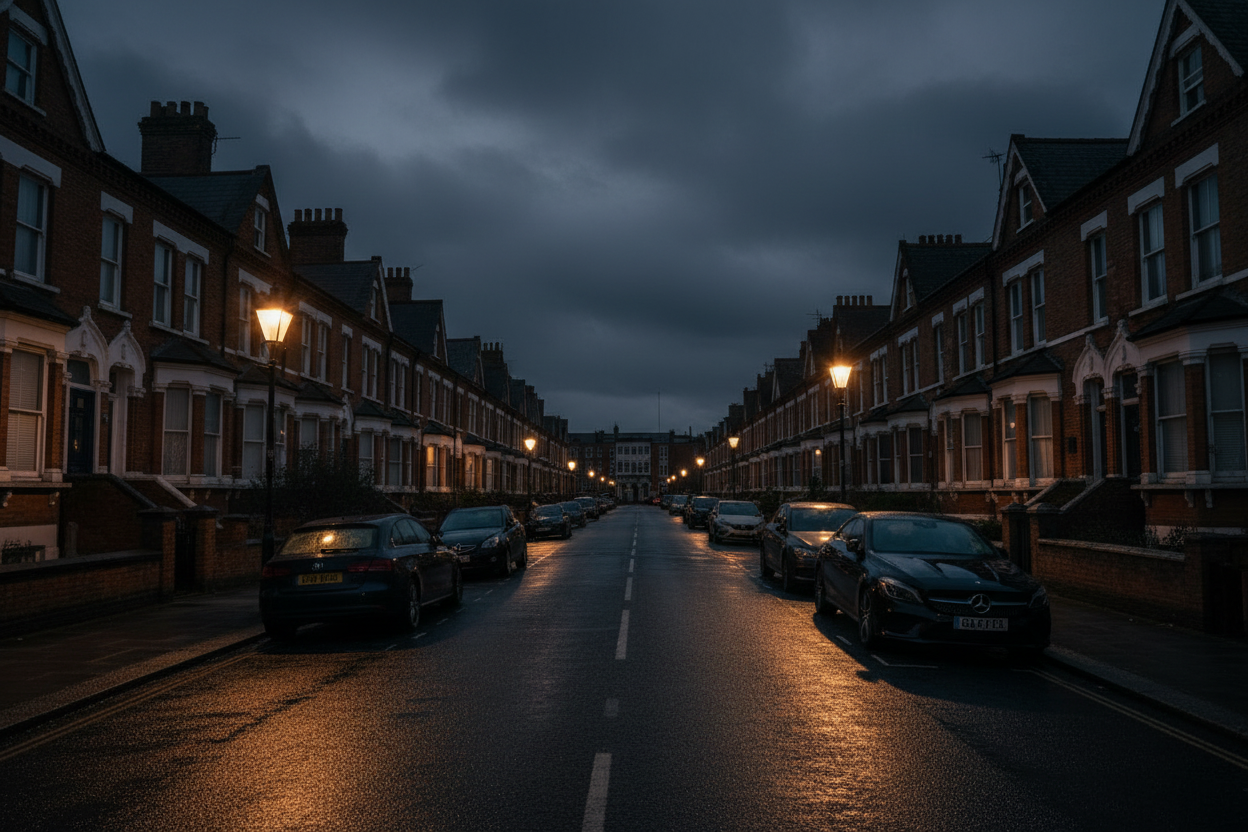 Dark scene of London street in south east London 